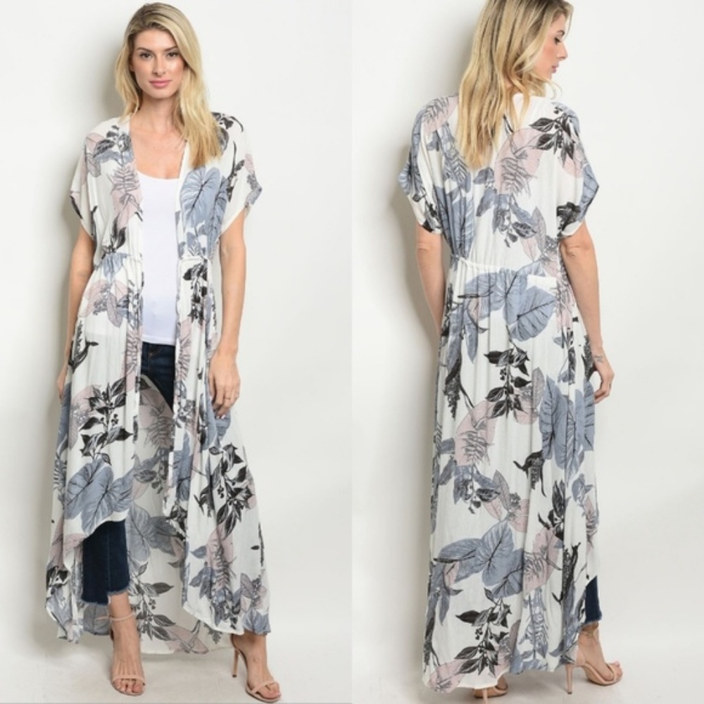 White Tropical leaf Print Kimono